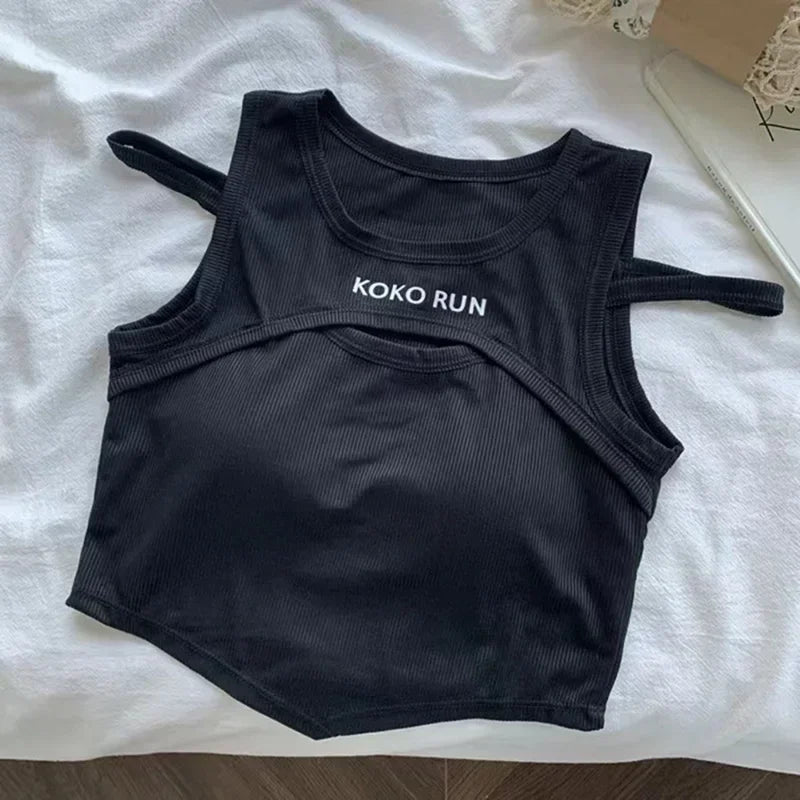 Casual Crop Tops For Women Knitting Irregular Tops Hollow Out Camisole Women Fake Two Pieces Tank Tops With Bra Pad