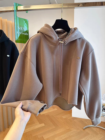 Women Hoodie Harajuku Loose Oversized Solid Color Tops Half Sweatshirt Casual Versatile Long Sleeve Hooded Coats