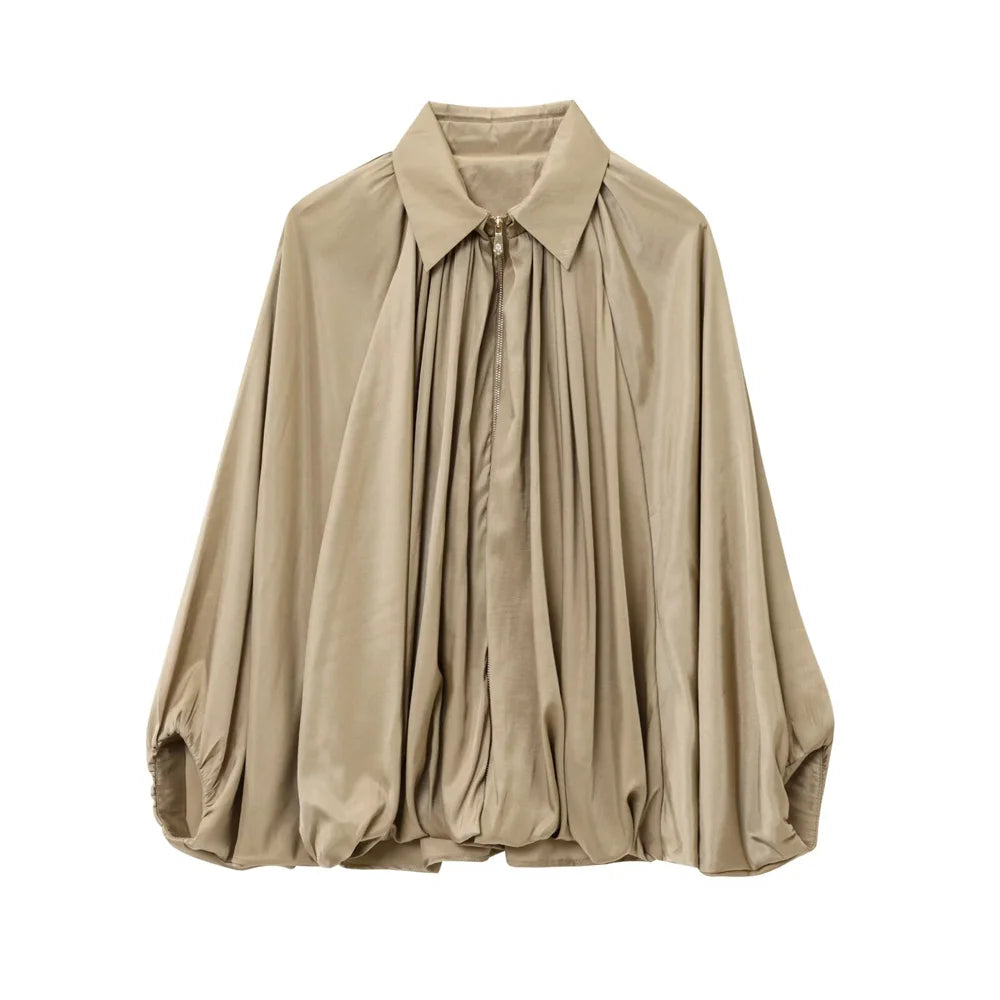 women's jacket is fashionable and simple with a lapel and zipper style puffy sleeves that exude a summer vibe