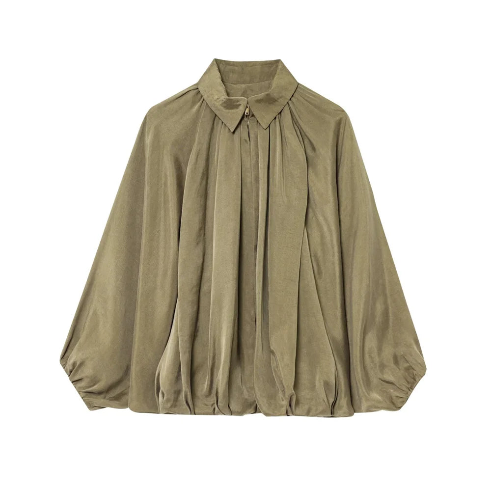 women's jacket is fashionable and simple with a lapel and zipper style puffy sleeves that exude a summer vibe