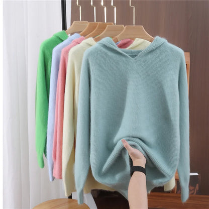 Women's hoodie, new autumn and winter sweaters Women's, mink cashmere knitted hooded pullover, fashionable elegant jumper top