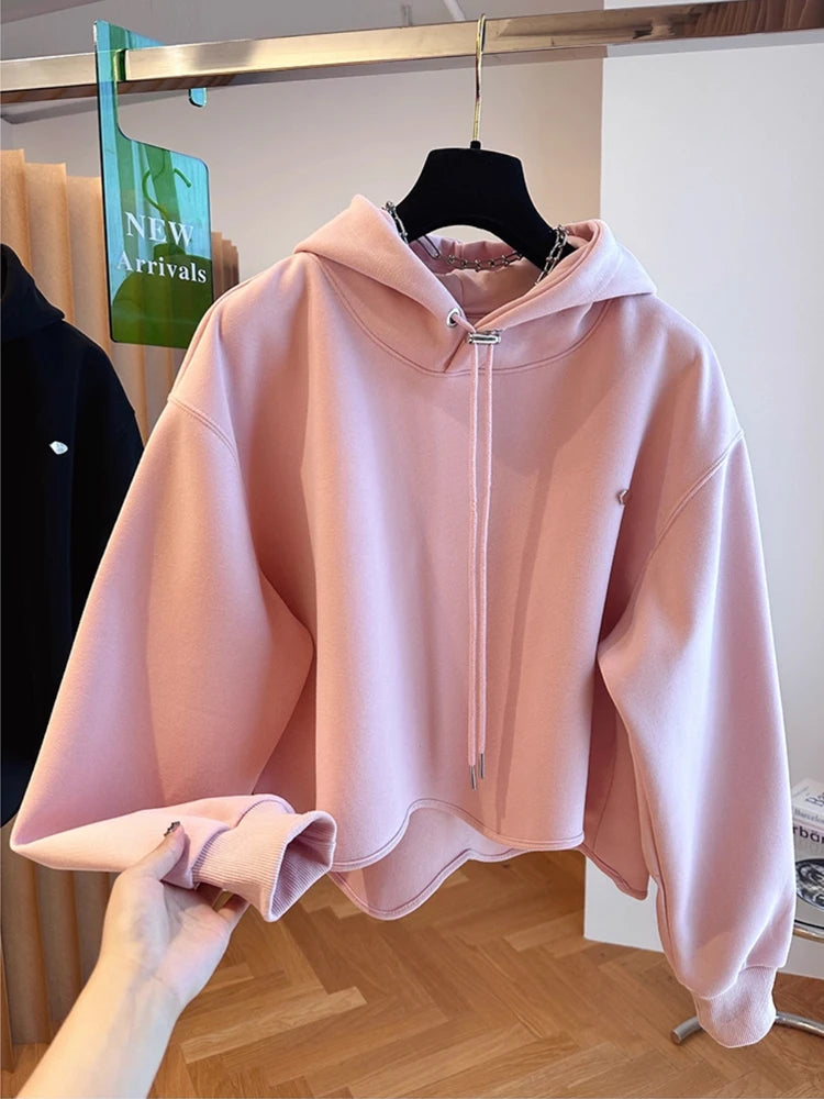 Women Hoodie Harajuku Loose Oversized Solid Color Tops Half Sweatshirt Casual Versatile Long Sleeve Hooded Coats