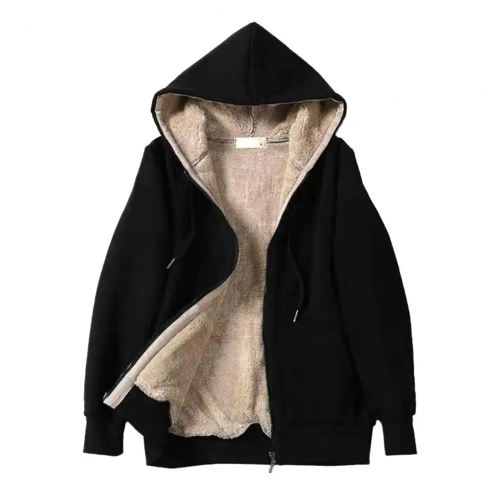 Women Hoodie Fleeced Lined Solid Color Jacket Autumn Winter Loose Drawstring Sweatshirt Coat Outwear Parka Warm Hooded Coat 후드티