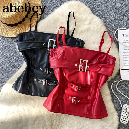 Crop Tops Sexy PU Y2k Tanks Women Clothing Fashion Summer Camis 2026 Ropa Mujer Slim Waist Irregular Backless Harajuku Vest