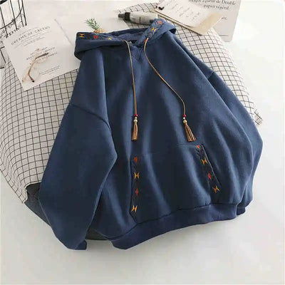 Women's Hoodie Drawstring Tassel Exquisite Embroidery Large Pocket Thick Pullover Artistic Fashionable Autumn Winter Top Jacket