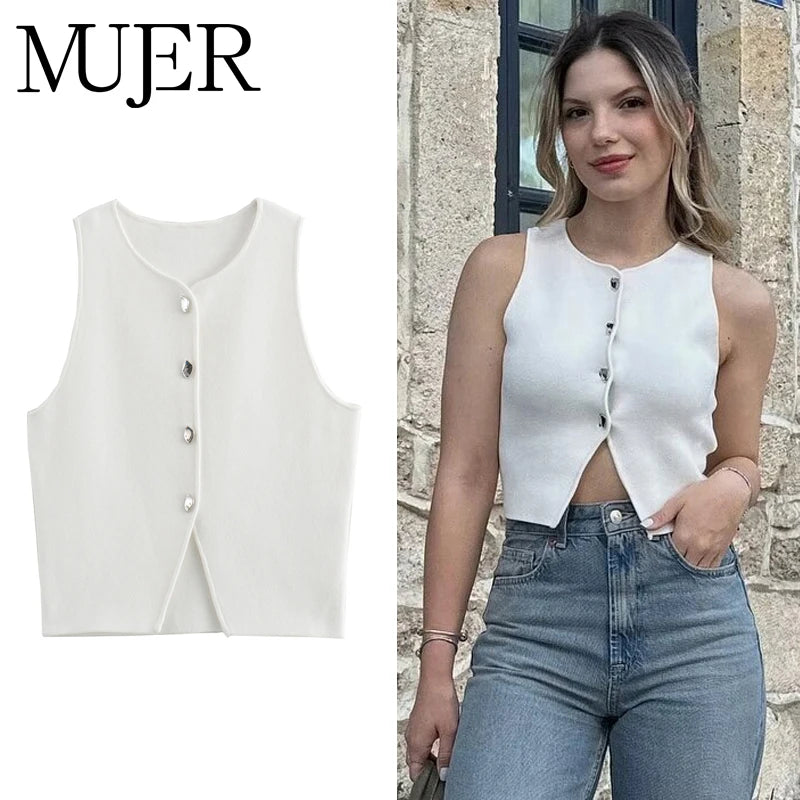 MUJER White Knit Crop Top Women Button Short Tops Woman 2025 Summer Tanks Camis Tops for Women Streetwear Vest Tank Top Female