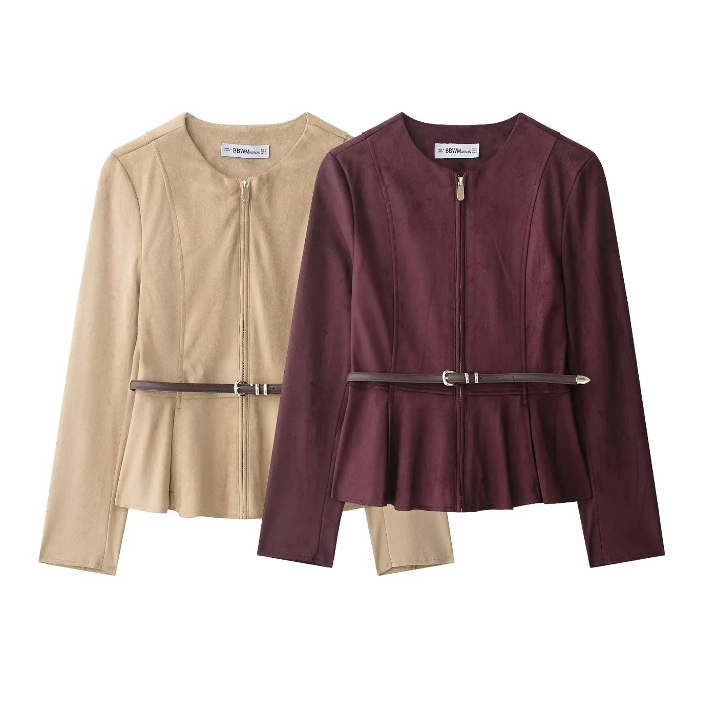 Women's Jacket Fashionable Women's Jacket with Belt Short Skirt Hem Jacket with Suede Effect