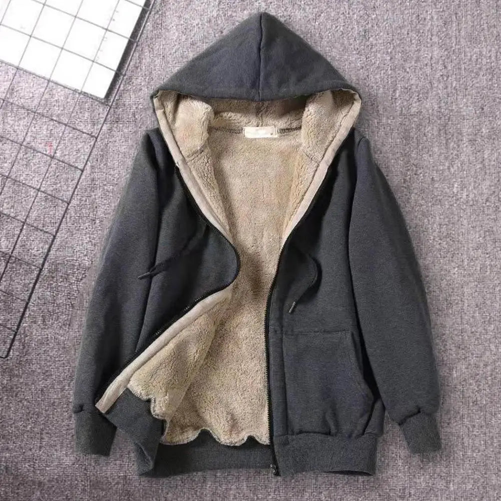 Women Hoodie Fleeced Lined Solid Color Jacket Autumn Winter Loose Drawstring Sweatshirt Coat Outwear Parka Warm Hooded Coat 후드티