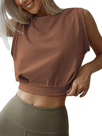Crop Top Cotton Shirts for Women Cute Sleeveless Yoga Tops Running Gym Workout Shirts Casual Fitness Loose Female T-Shirt