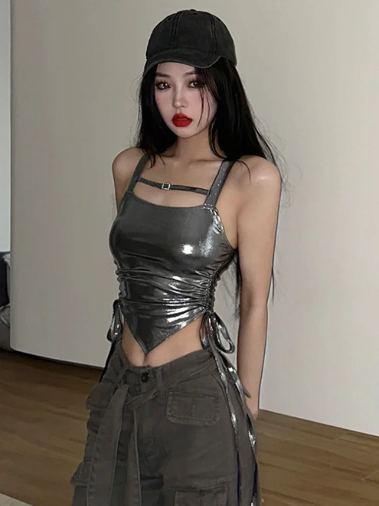 Crop Tops Camis for Women Slim Y2k Sexy Girls Shirring Design Backless Club Hotsweet Tender Korean Fashion Versatile Streetwear