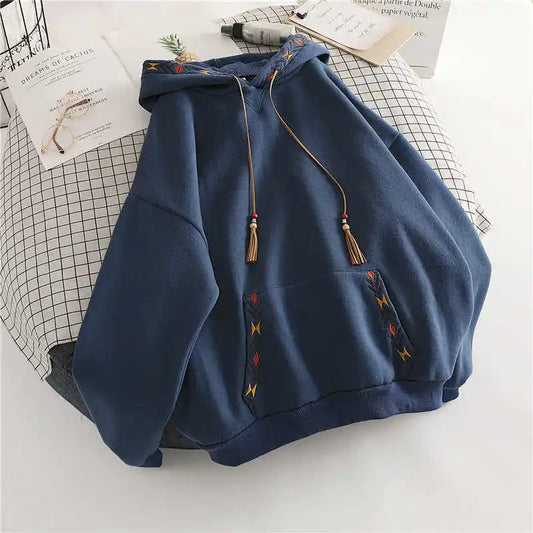 Women's Hoodie Drawstring Tassel Exquisite Embroidery Large Pocket Thick Pullover Artistic Fashionable Autumn Winter Top Jacket