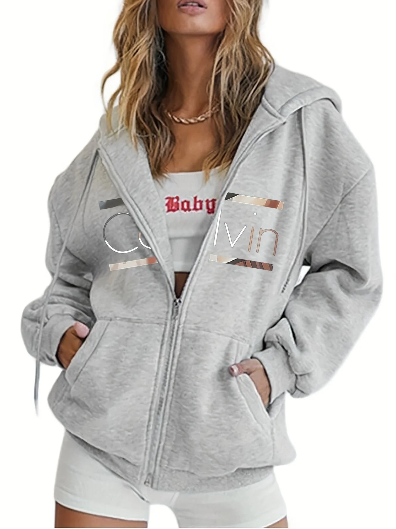 Women's Hoodie - Cozy Brown Zip-Up with White Print Casual Long Sleeve Sweatshirt  Drop Shoulder Design Relaxed Fit Winter W