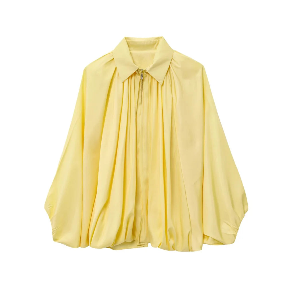 women's jacket is fashionable and simple with a lapel and zipper style puffy sleeves that exude a summer vibe