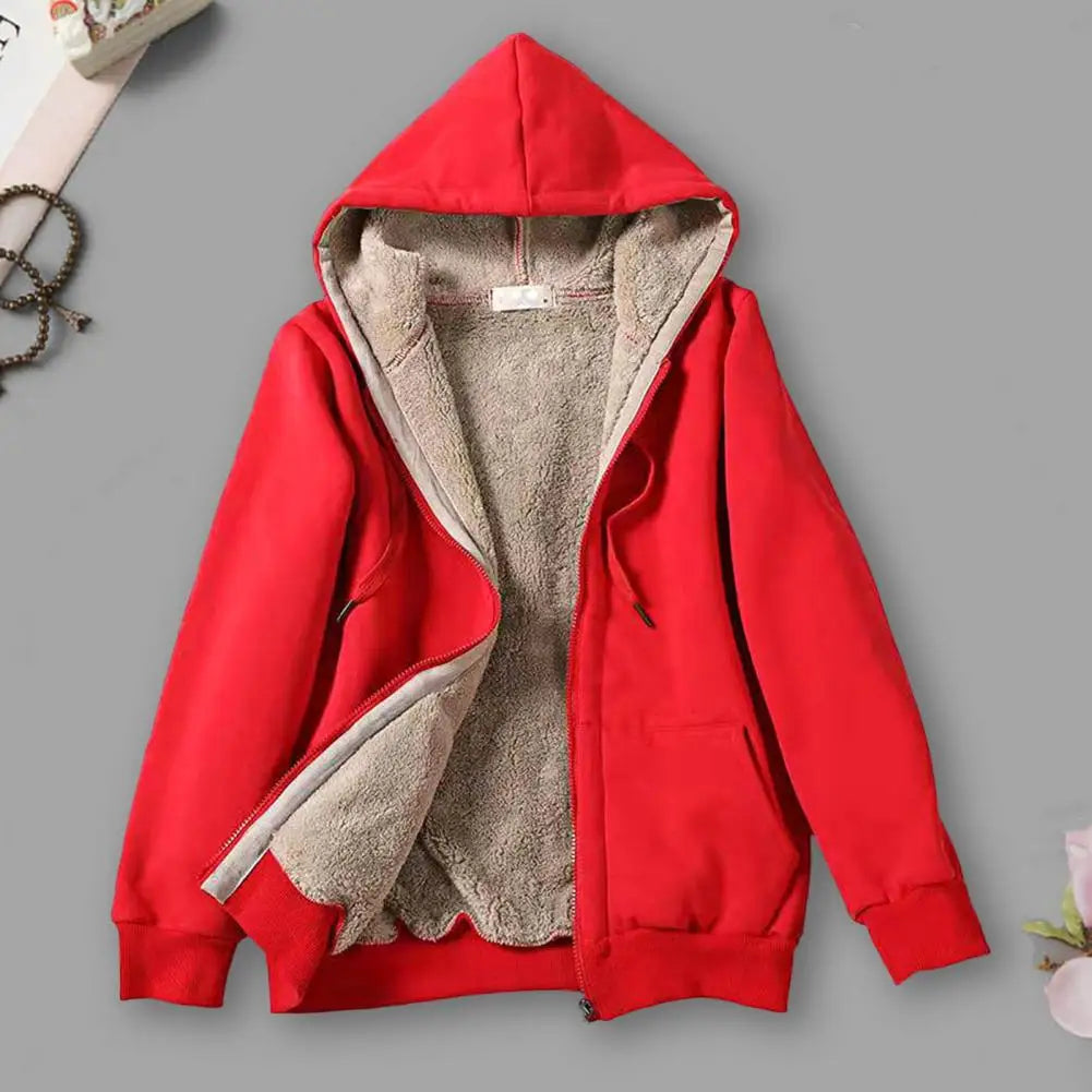 Women Hoodie Fleeced Lined Solid Color Jacket Autumn Winter Loose Drawstring Sweatshirt Coat Outwear Parka Warm Hooded Coat 후드티