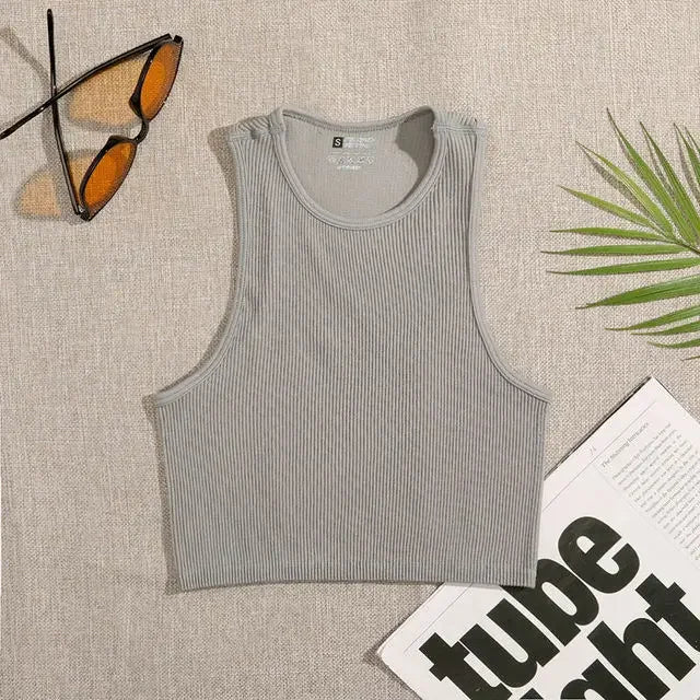 Crop Top Women Solid Basic T-shirts Vest Seamless Streetwear Elastic Rib-Knit Sleeveless Casual Tank Tops Female